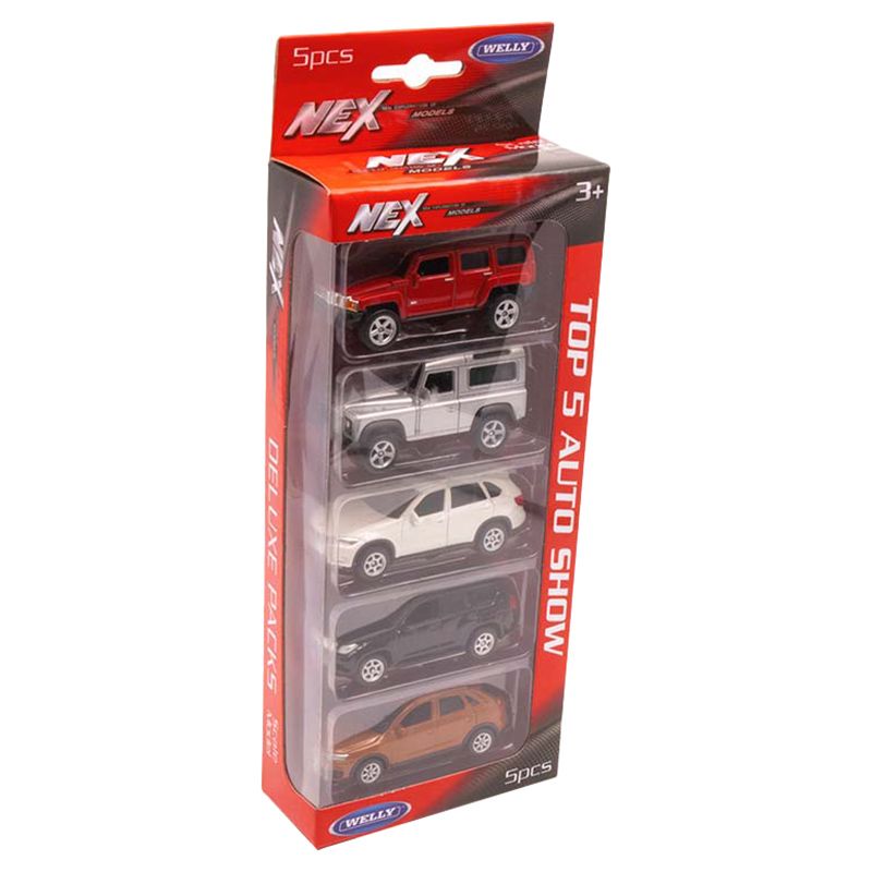 5 PCS OF 3" CAR SET - Free wheel, diecast with plastic parts. - Each set in a window box. COMBINATION: - 52284 HUMMER H3 (RED) - 52367 LAND ROVER DEFENDER (SILVER) - 52341 BMW X5 (CREAM) - 52285 TOYOTA LAND CRUISER PRADO (BLACK) - 52333